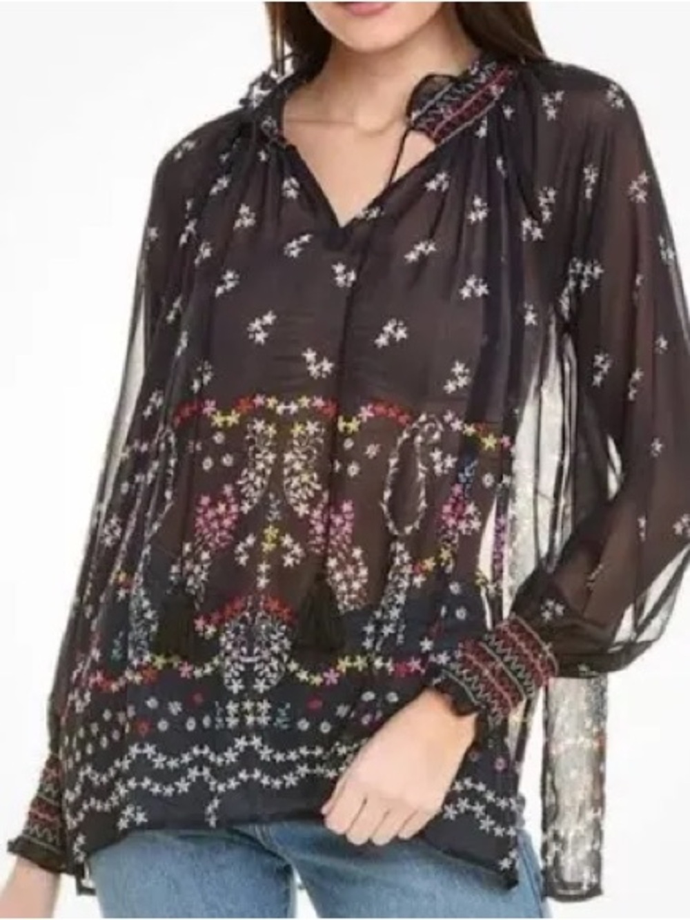 CAbi #5784 Enjoy Blouse $129 Navy Blue Sheer Floral Tassel medium shirt top